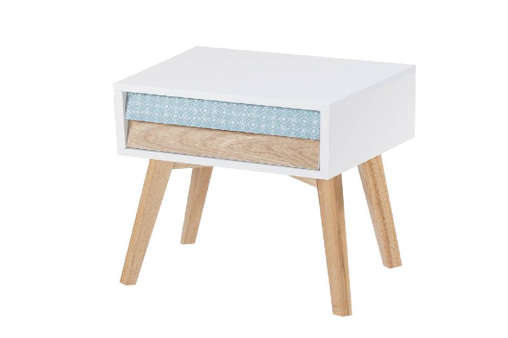 Kayoom Beistelltisch mit Schublade - Nachttisch Hailey Weiß / Blau / Holz