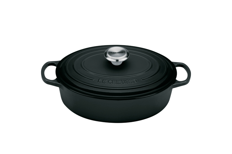 Le Creuset Ovaler Gourmet-Bräter mit schwarzer Innenemaille aus Gusseisen