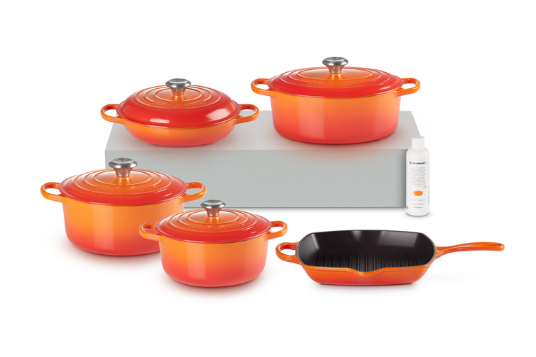 Le Creuset 5-teiliges Gusseisen Basic-Set inklusive Gusseisen Reiniger