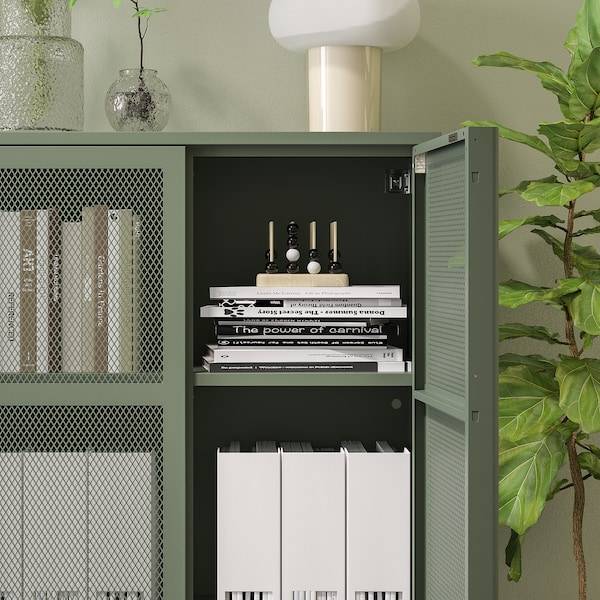 IVAR Schrank mit Türen, graugrün Netz, Rabatt