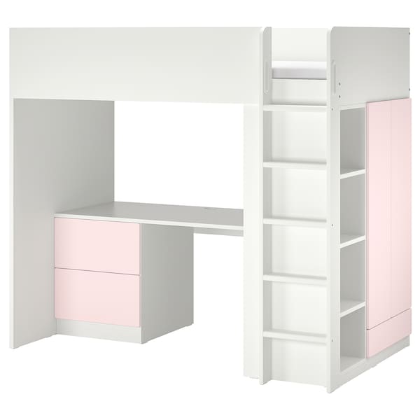 SMÅSTAD Hochbett, weiß blassrosa/mit Schreibtisch 3 Schubladen,