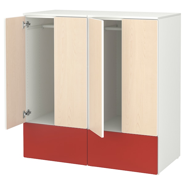 SMÅSTAD / PLATSA Aufbewahrungskombi, weiß rot/Birke 2 Schubladen,