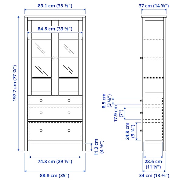 HEMNES Vitrine mit 3 Schubladen, weiß gebeizt/hellbraun, Cyber Monday
