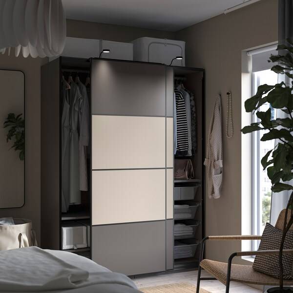 PAX / MEHAMN Kleiderschrank, doppelseitig dunkelgrau/graubeige, Black Friday