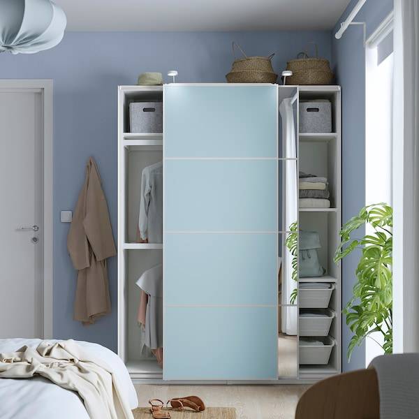 PAX / MEHAMN/AULI Kleiderschrank mit Schiebetüren, weiß doppelseitig/hellblau Spiegelglas, Cyber Monday