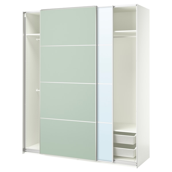 PAX / MEHAMN/AULI Kleiderschrank mit Schiebetüren, weiß doppelseitig/hellgrün Spiegelglas,