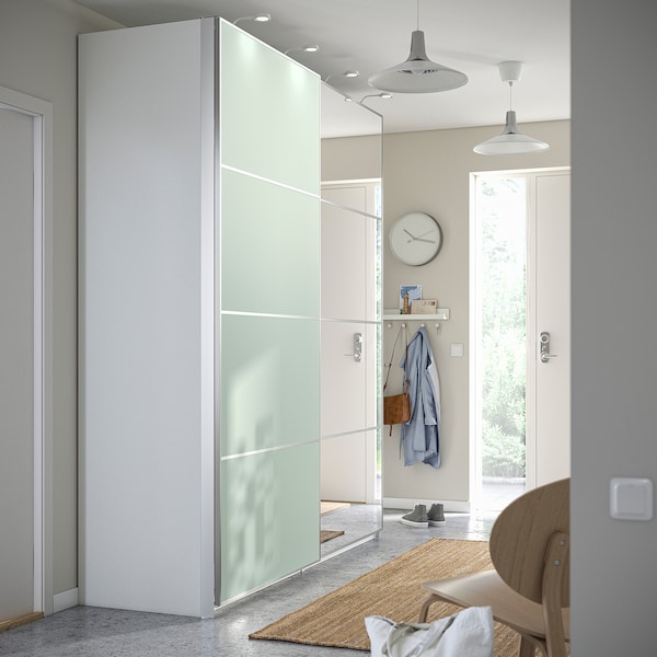PAX / MEHAMN/AULI Kleiderschrank mit Schiebetüren, weiß doppelseitig/hellgrün Spiegelglas, Jubiläumsangebot
