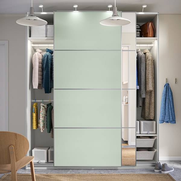 PAX / MEHAMN/AULI Kleiderschrank mit Schiebetüren, weiß doppelseitig/hellgrün Spiegelglas, Jubiläumsangebot