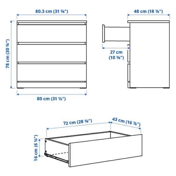 MALM Kommode mit 3 Schubladen, weiß, Günstiger Verkauf