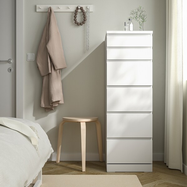 MALM Kommode mit 6 Schubladen, weiß/Spiegelglas, Rabatt
