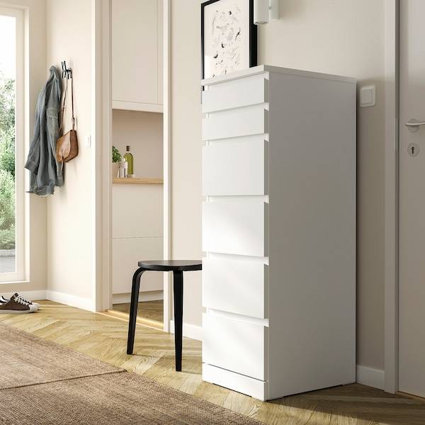 MALM Kommode mit 6 Schubladen, weiß/Spiegelglas, Rabatt