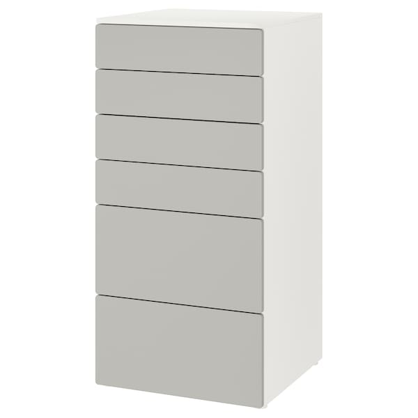 SMÅSTAD / PLATSA Kommode mit 6 Schubladen, weiß/grau,