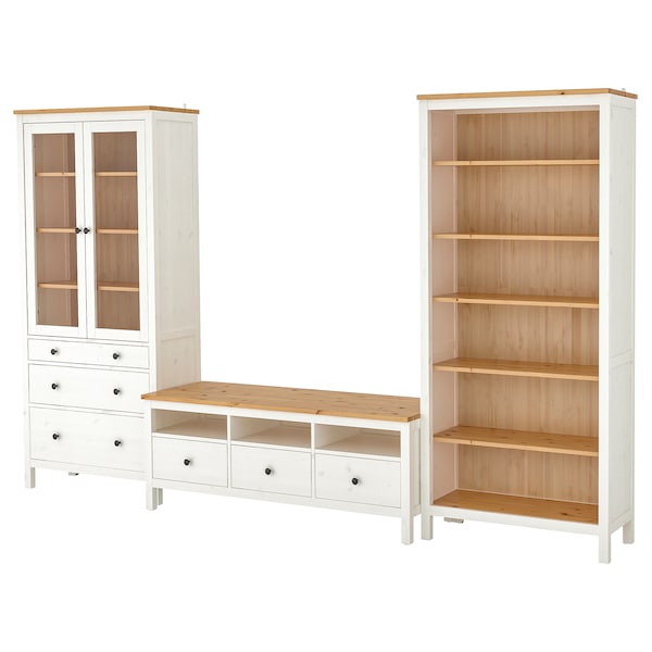 HEMNES TV-Möbel, Kombination, weiß gebeizt/hellbraun Klarglas, Outlet