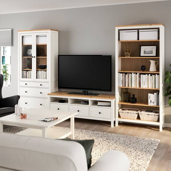 HEMNES TV-Möbel, Kombination, weiß gebeizt/hellbraun Klarglas, Outlet
