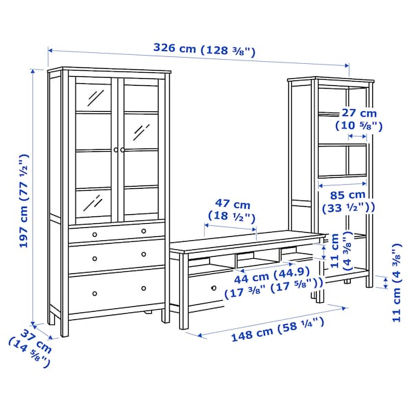 HEMNES TV-Möbel, Kombination, weiß gebeizt/hellbraun Klarglas, Outlet