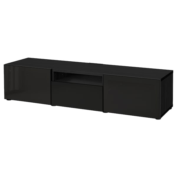 BESTÅ TV-Bank, schwarzbraun/Selsviken Hochglanz/Rauchglas schwarz,