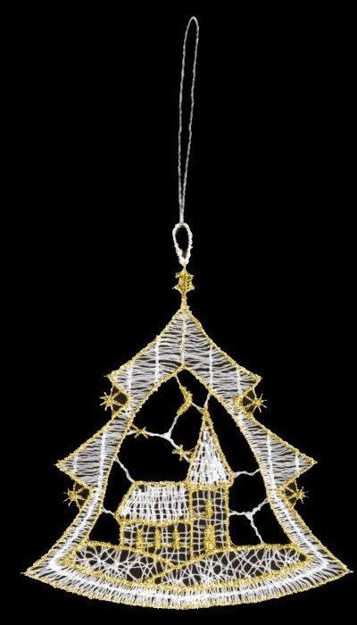 Plauener Spitze Baumbehang Bäumchen mit Kapelle goldfarben