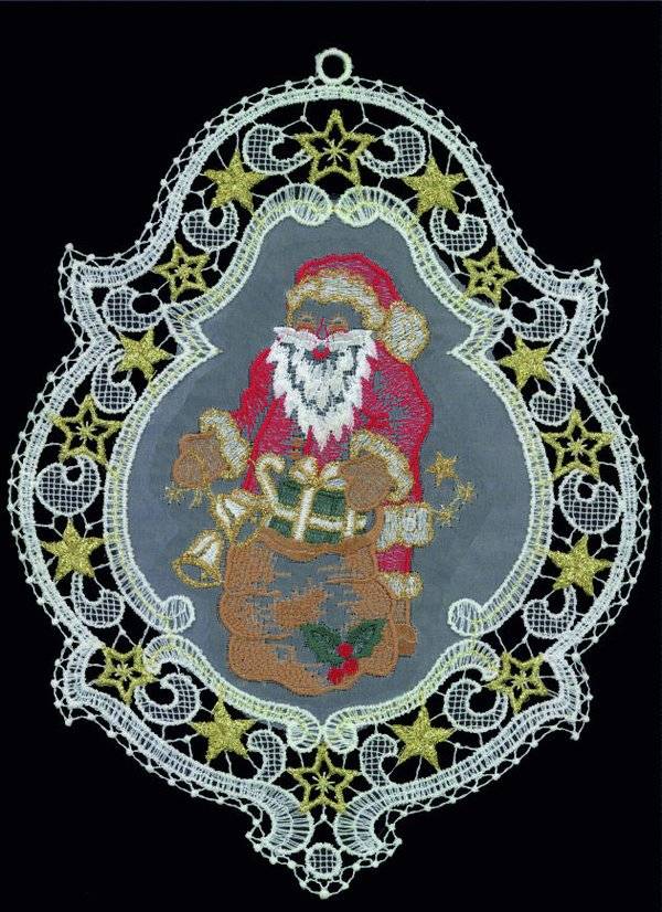 Plauener Spitze Fensterbild Ornament mit Nikolaus