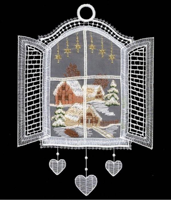 Plauener Spitze Fensterbild Schneelandschaft im offenen Fenster