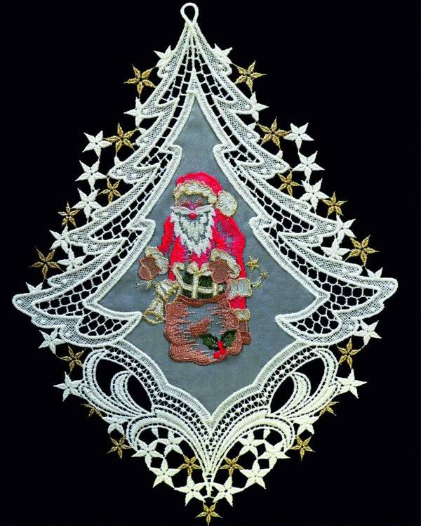 Plauener Spitze Fensterbild Weihnachtsmann im Tannenbaum