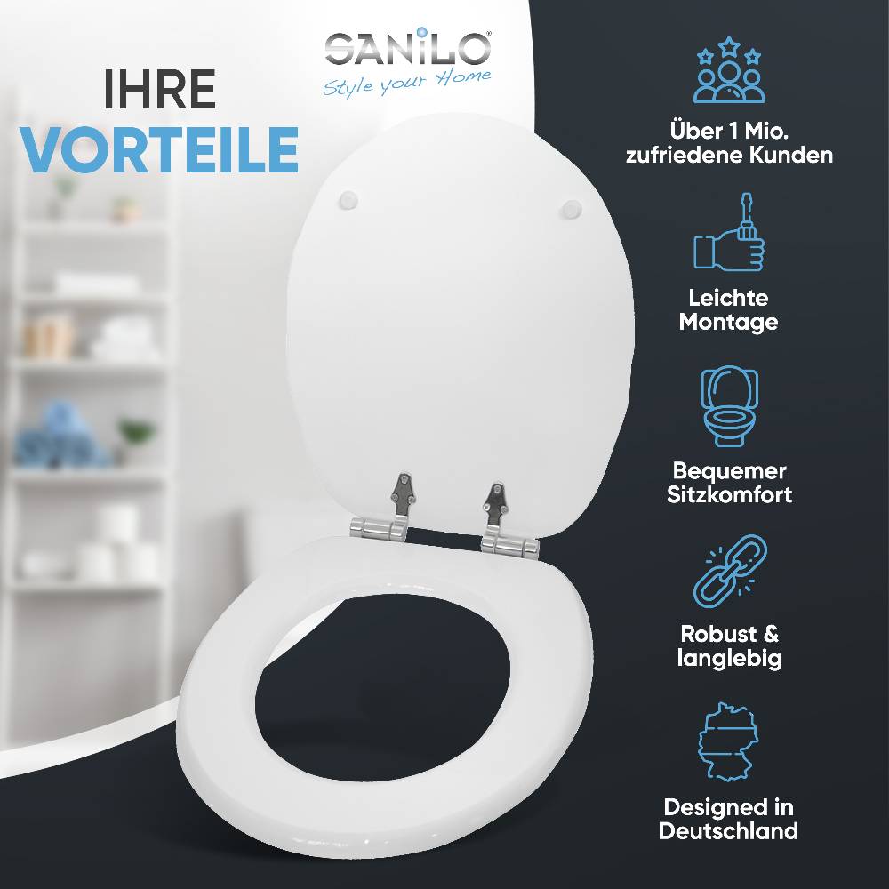 Sanilo WC-Sitz mit Absenkautomatik Muschel Weiß - Premium Toilettendeckel direkt vom Hersteller