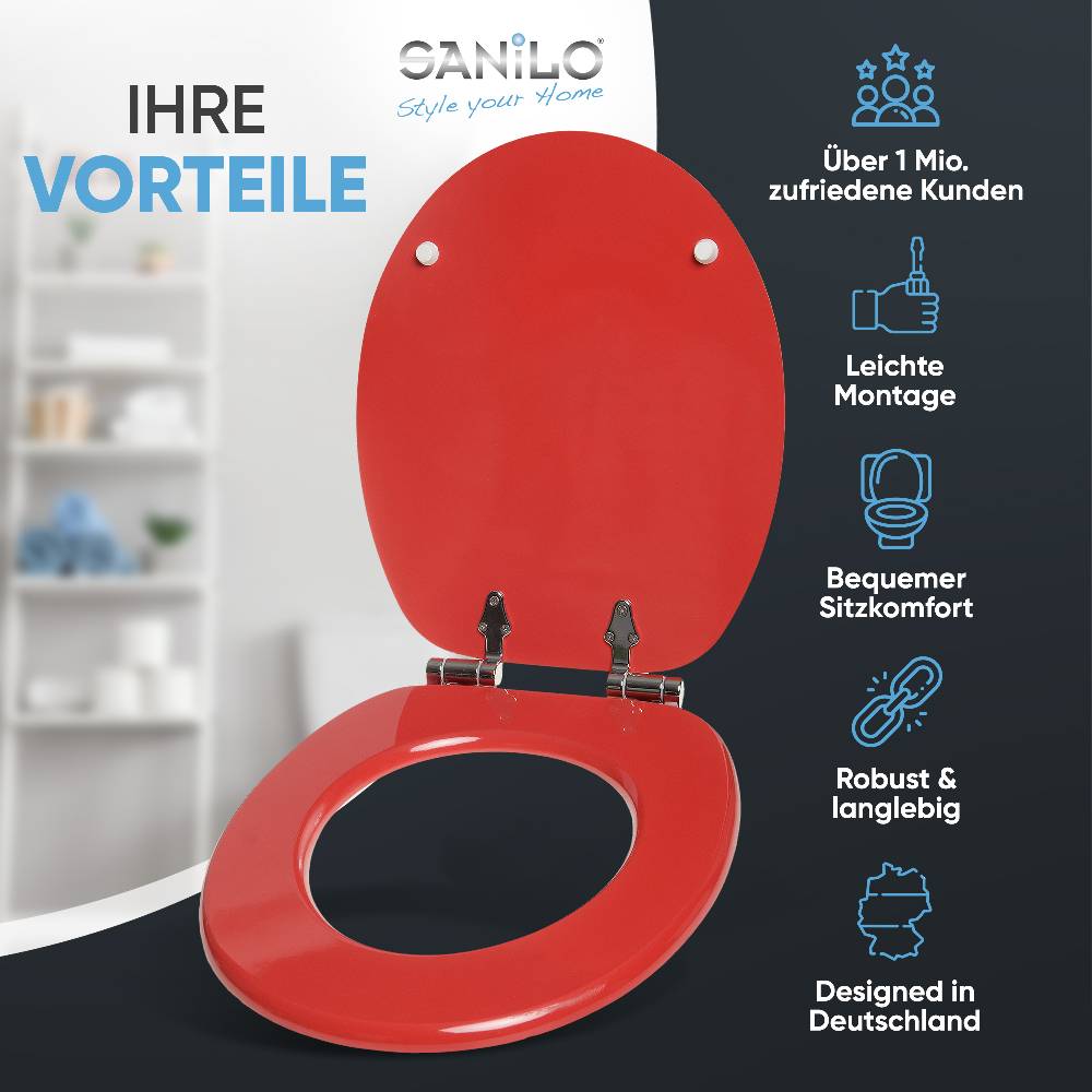 Sanilo WC-Sitz mit Absenkautomatik Rot - Premium Toilettendeckel direkt vom Hersteller