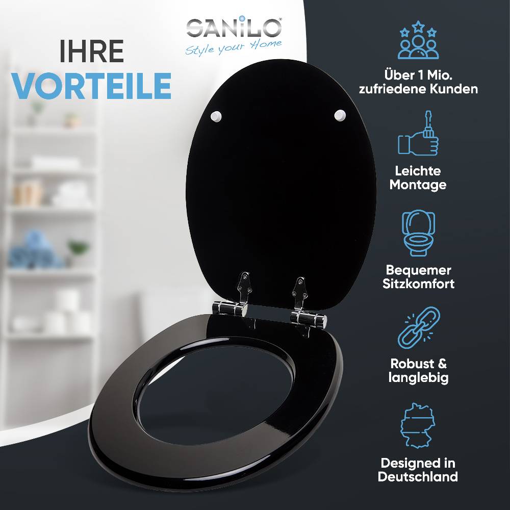 Sanilo WC-Sitz mit Absenkautomatik Schwarz - Premium Toilettendeckel direkt vom Hersteller