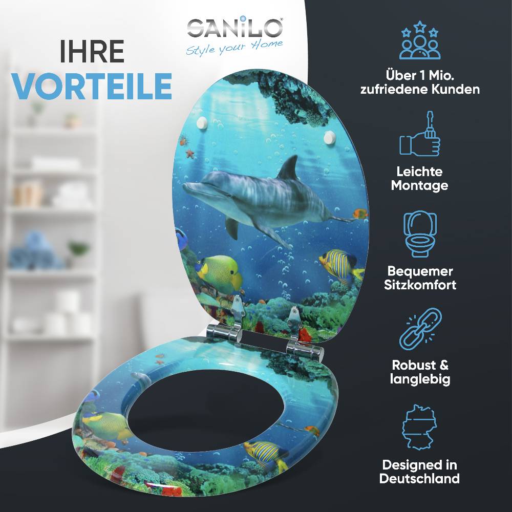 Sanilo WC-Sitz mit Absenkautomatik Delphin Korallen - Premium Toilettendeckel direkt vom Hersteller