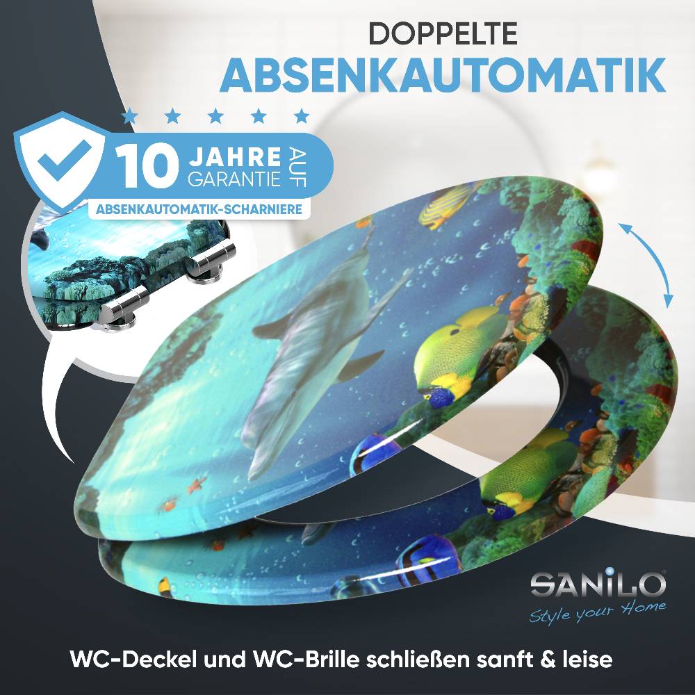 Sanilo WC-Sitz mit Absenkautomatik Delphin Korallen - Premium Toilettendeckel direkt vom Hersteller Super Sparpreis