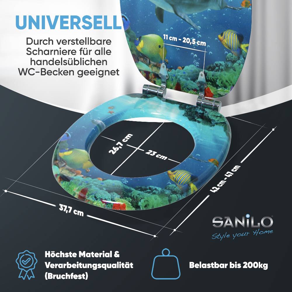 Sanilo WC-Sitz mit Absenkautomatik Delphin Korallen - Premium Toilettendeckel direkt vom Hersteller Super Sparpreis