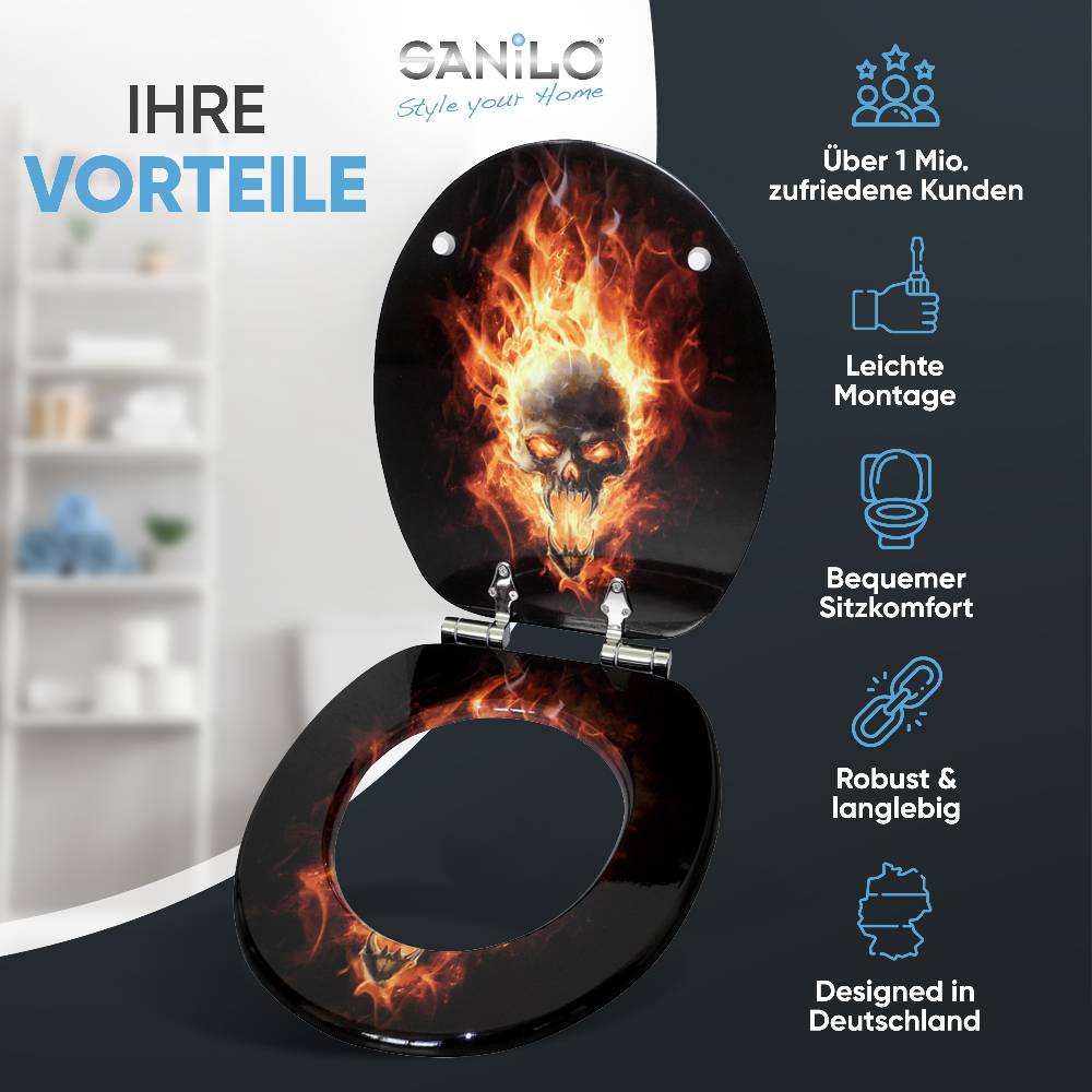 Sanilo WC-Sitz mit Absenkautomatik Totenkopf in Flammen - Premium Toilettendeckel direkt vom Hersteller