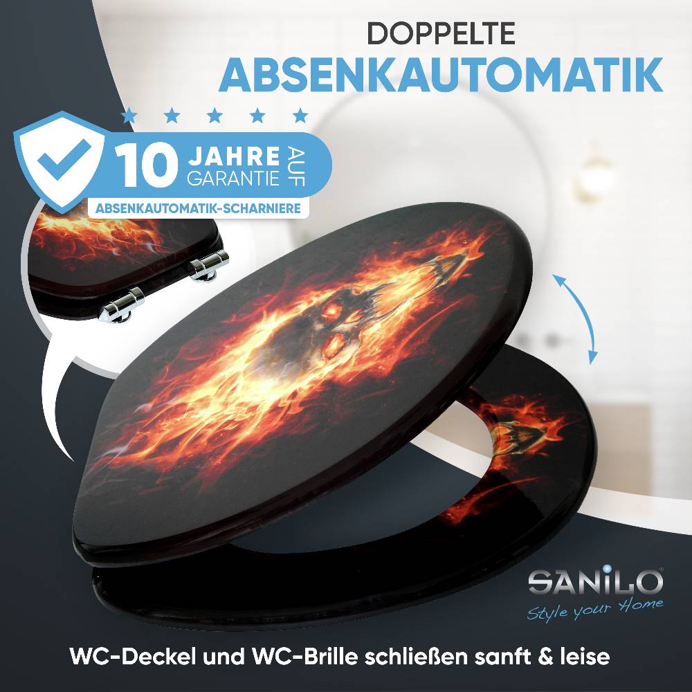 Sanilo WC-Sitz mit Absenkautomatik Totenkopf in Flammen - Premium Toilettendeckel direkt vom Hersteller Letzte 3 Tage