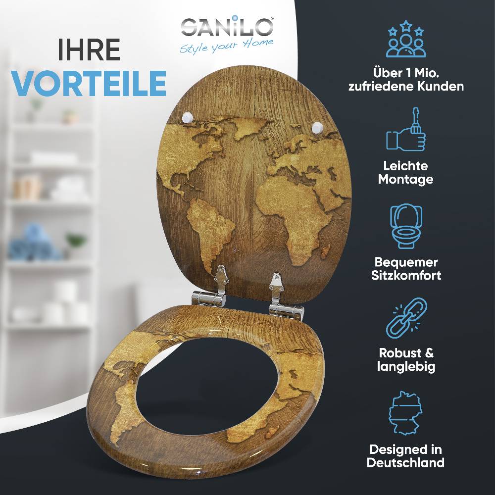 Sanilo WC-Sitz mit Absenkautomatik World Map - Premium Toilettendeckel direkt vom Hersteller