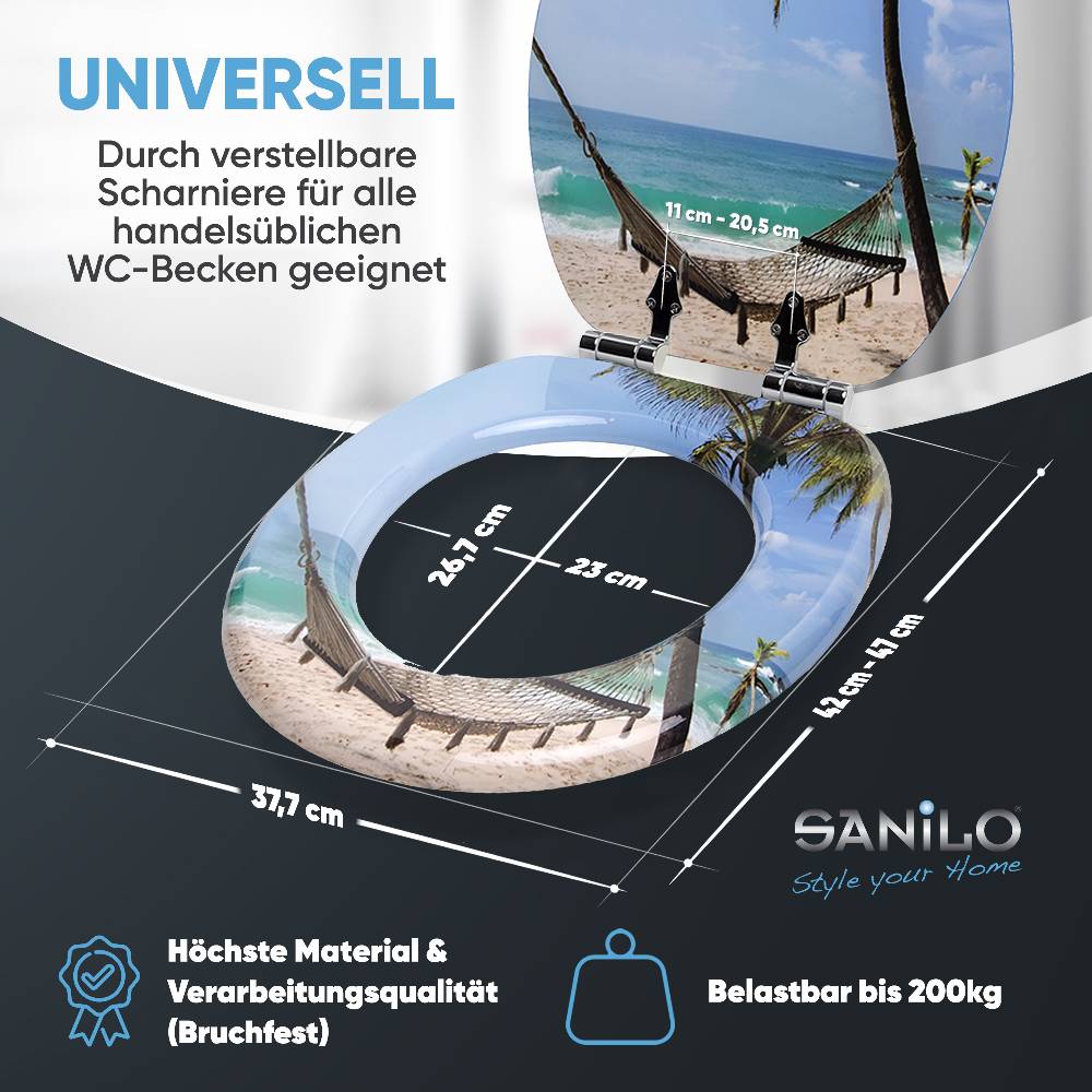 Sanilo WC-Sitz mit Absenkautomatik Holiday - Premium Toilettendeckel direkt vom Hersteller Begrenztes Angebot