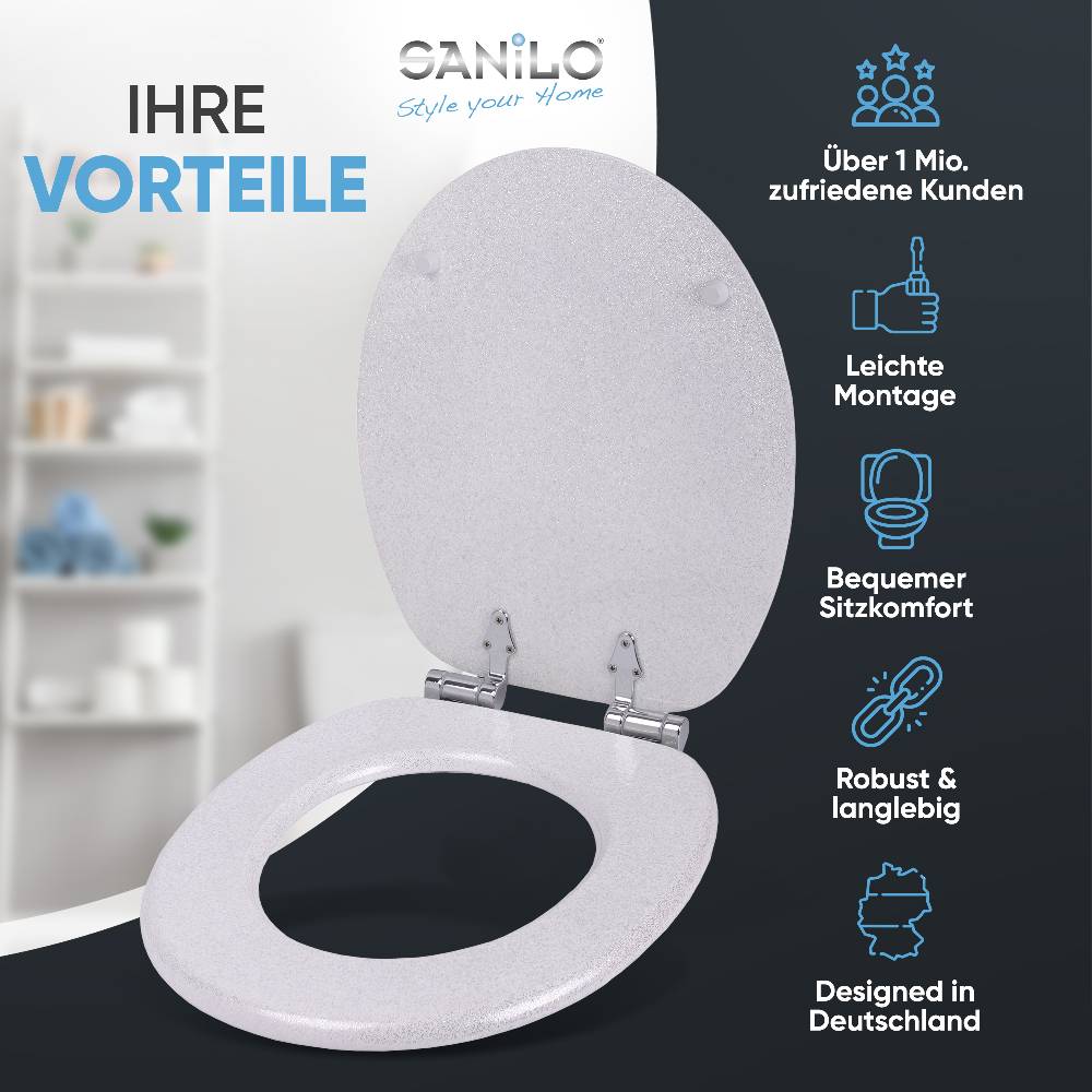 Sanilo WC-Sitz mit Absenkautomatik Glitzer Weiß - Premium Toilettendeckel direkt vom Hersteller