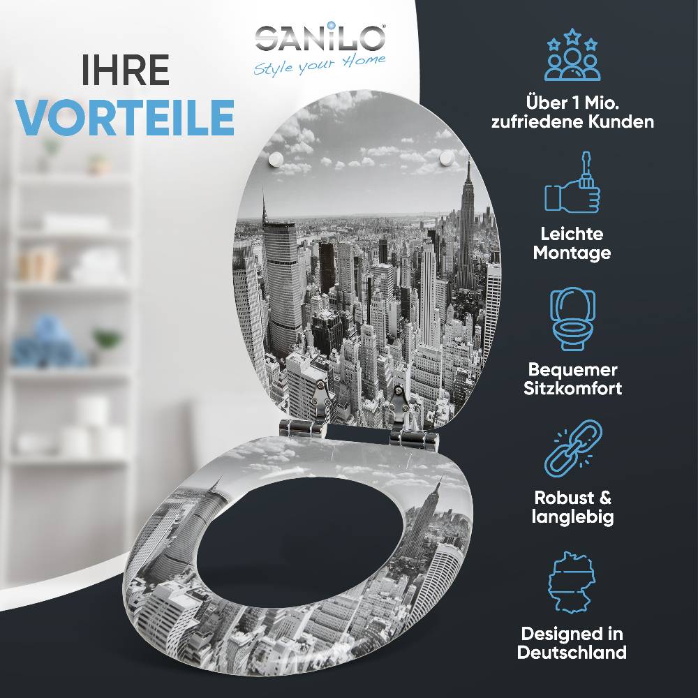 Sanilo WC-Sitz mit Absenkautomatik Skyline New York - Premium Toilettendeckel direkt vom Hersteller