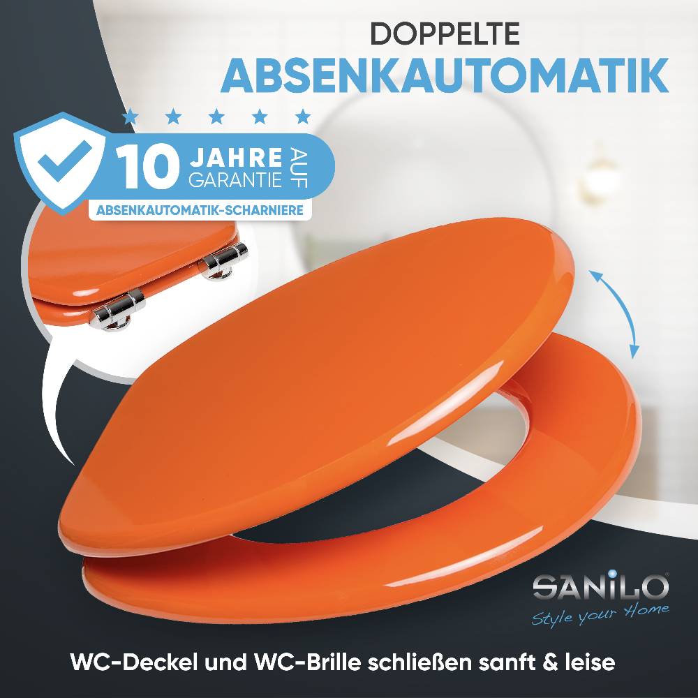 Sanilo WC-Sitz mit Absenkautomatik Orange - Premium Toilettendeckel direkt vom Hersteller Räumungsverkauf