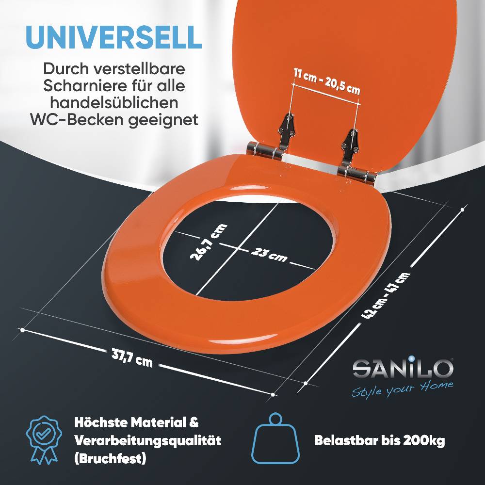 Sanilo WC-Sitz mit Absenkautomatik Orange - Premium Toilettendeckel direkt vom Hersteller Räumungsverkauf