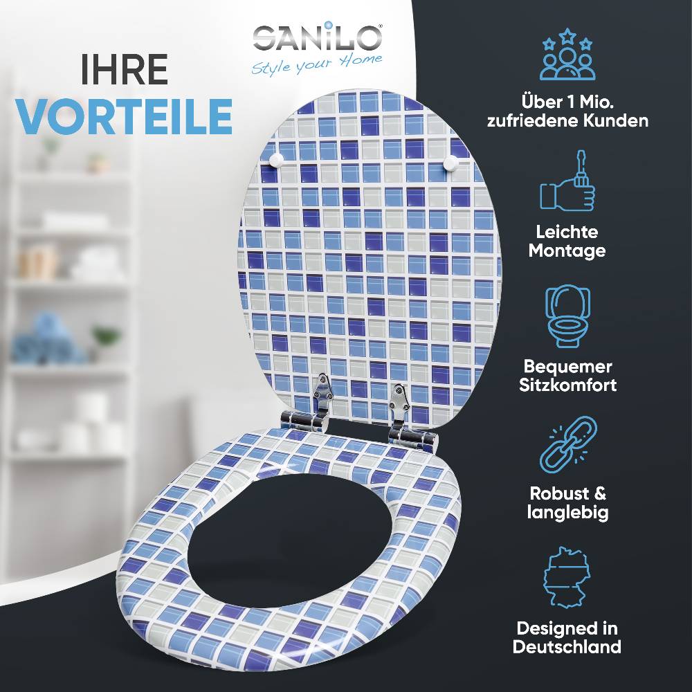 Sanilo WC-Sitz mit Absenkautomatik Mosaik Blau - Premium Toilettendeckel direkt vom Hersteller