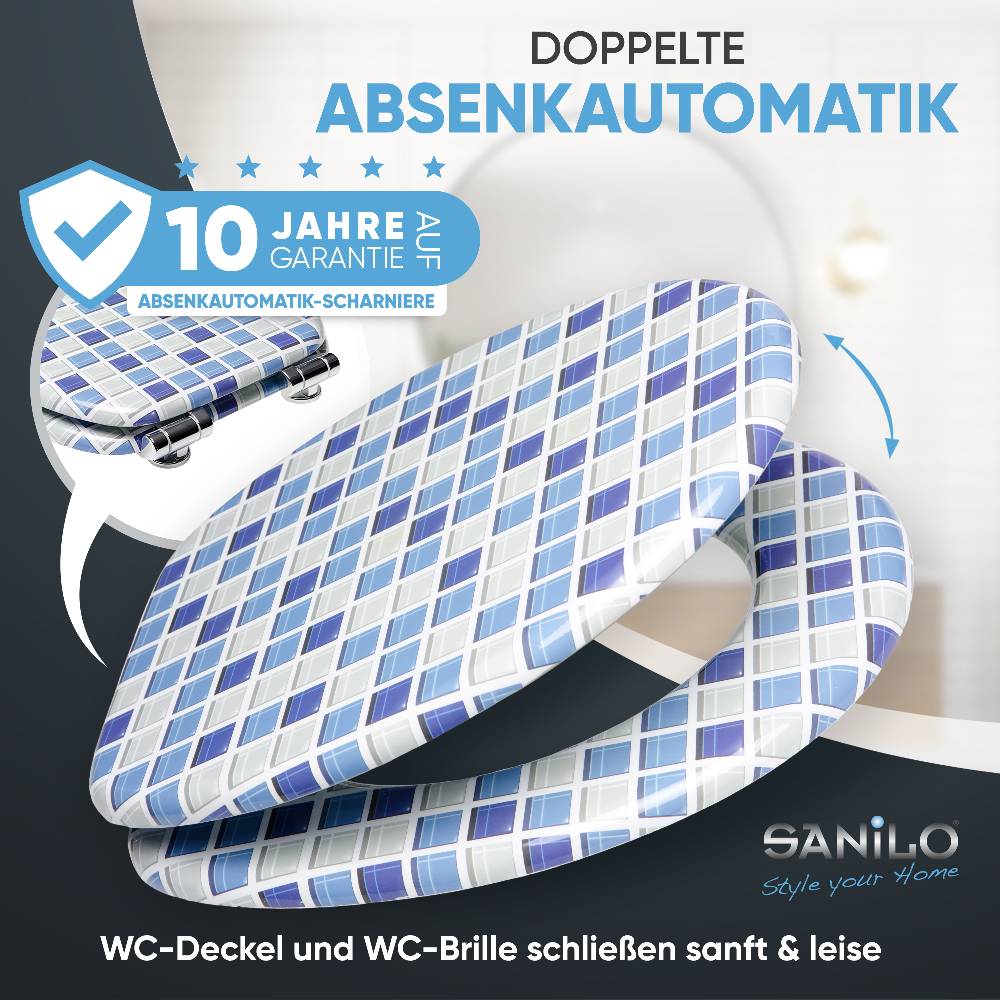 Sanilo WC-Sitz mit Absenkautomatik Mosaik Blau - Premium Toilettendeckel direkt vom Hersteller Neueste Stile