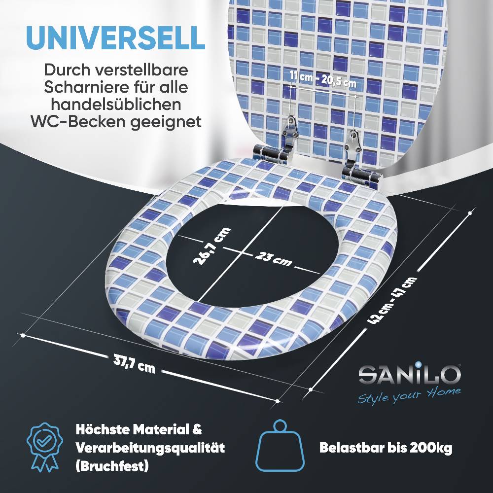 Sanilo WC-Sitz mit Absenkautomatik Mosaik Blau - Premium Toilettendeckel direkt vom Hersteller Neueste Stile