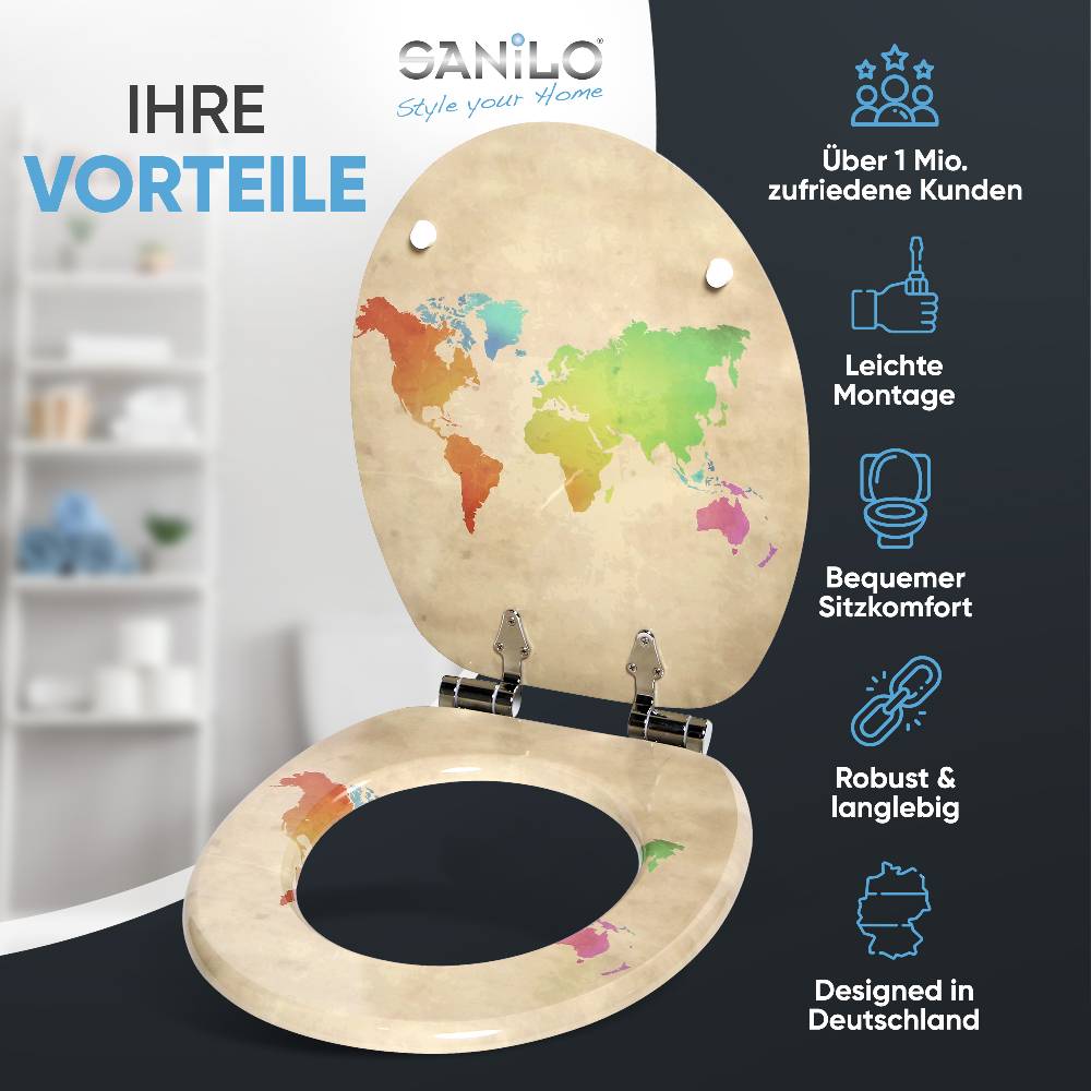 Sanilo WC-Sitz mit Absenkautomatik International Map - Premium Toilettendeckel direkt vom Hersteller Fabrikladen