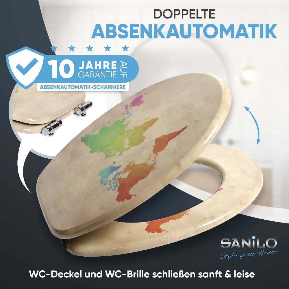 Sanilo WC-Sitz mit Absenkautomatik International Map - Premium Toilettendeckel direkt vom Hersteller Fabrikladen