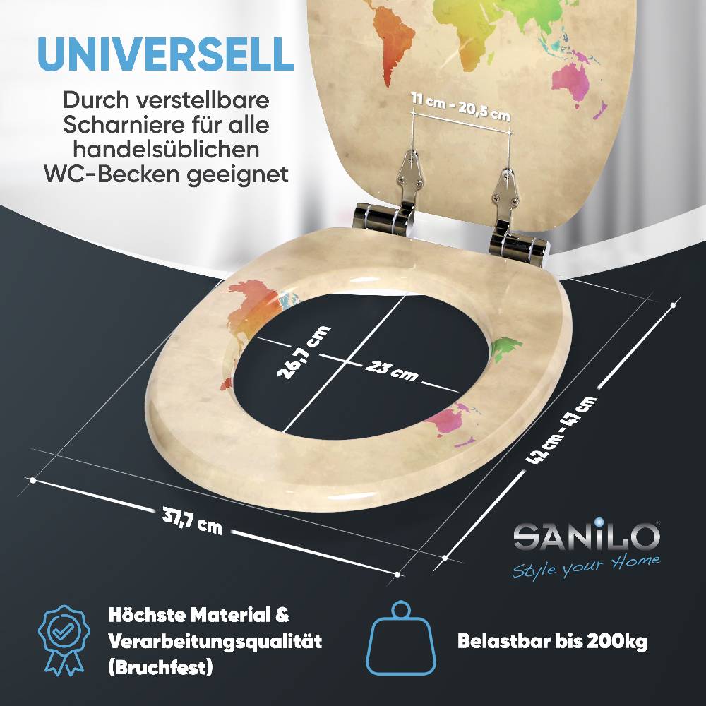 Sanilo WC-Sitz mit Absenkautomatik International Map - Premium Toilettendeckel direkt vom Hersteller Fabrikladen