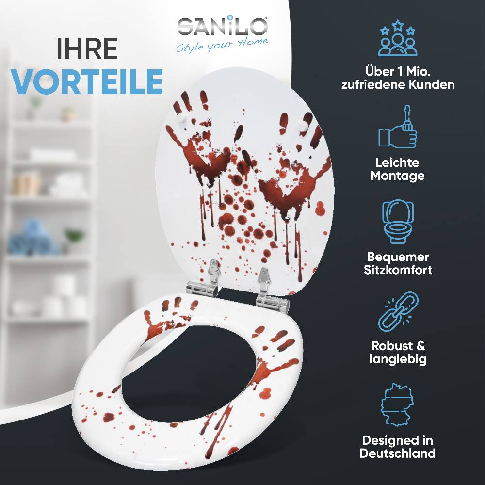 Sanilo WC-Sitz mit Absenkautomatik Blood Hands - Premium Toilettendeckel direkt vom Hersteller