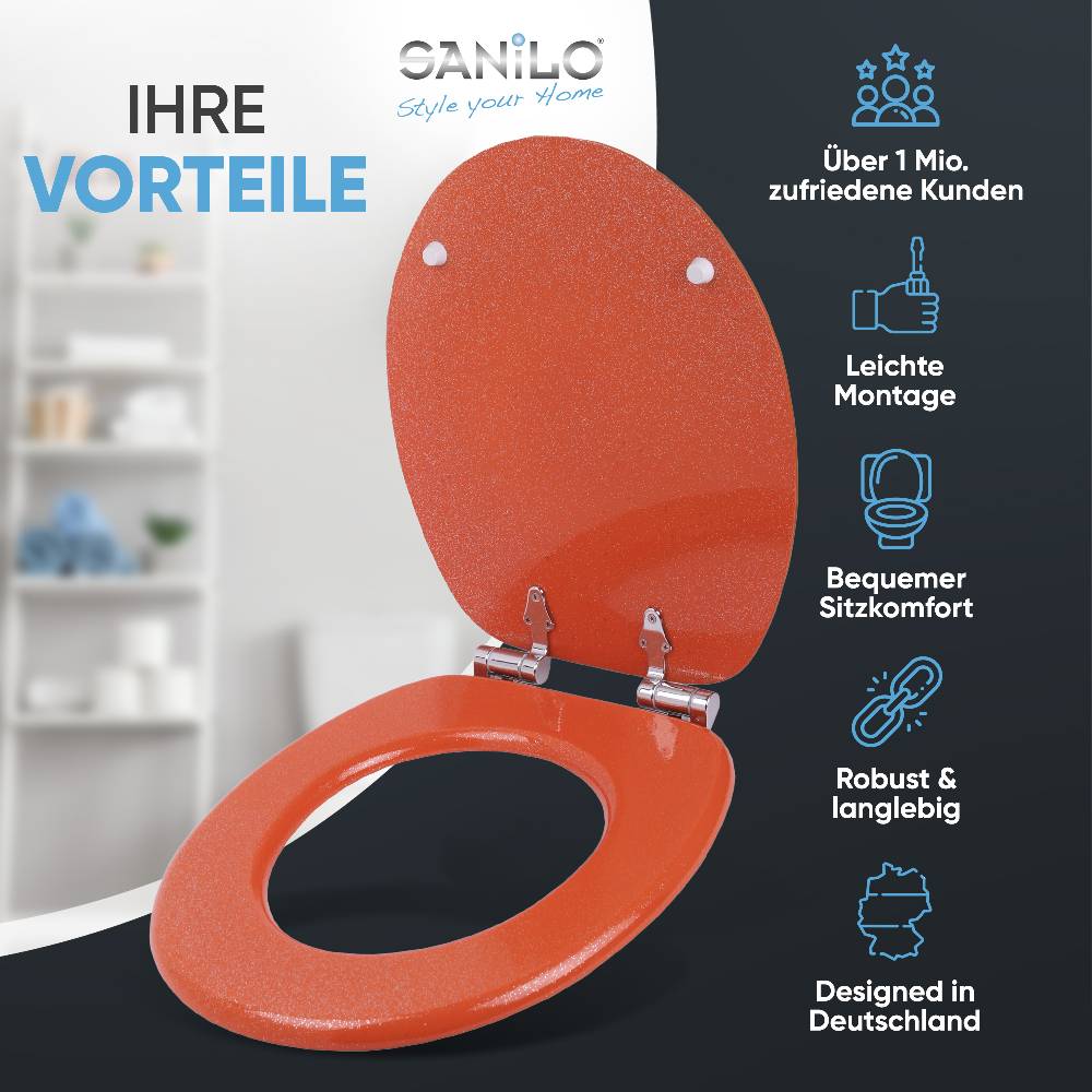 Sanilo WC-Sitz mit Absenkautomatik Glitzer Orange - Premium Toilettendeckel direkt vom Hersteller