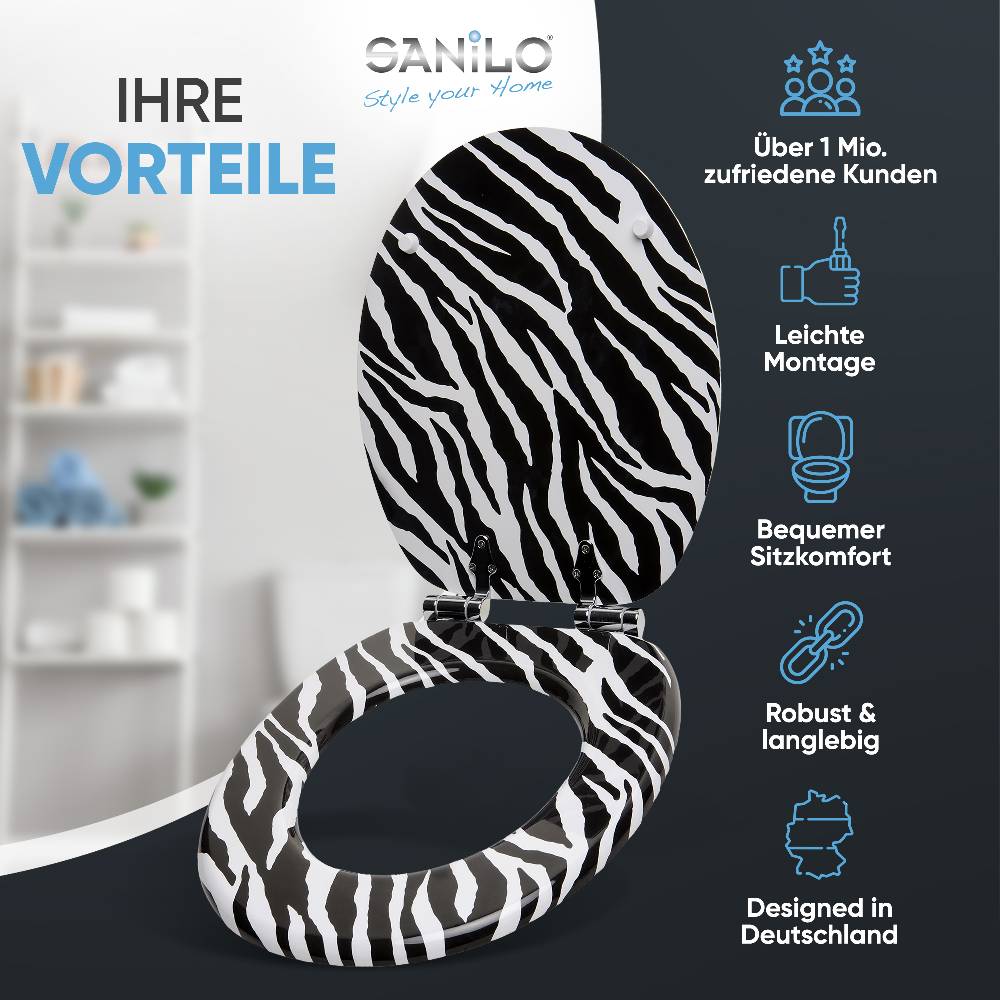 Sanilo WC-Sitz mit Absenkautomatik Zebra Look - Premium Toilettendeckel direkt vom Hersteller