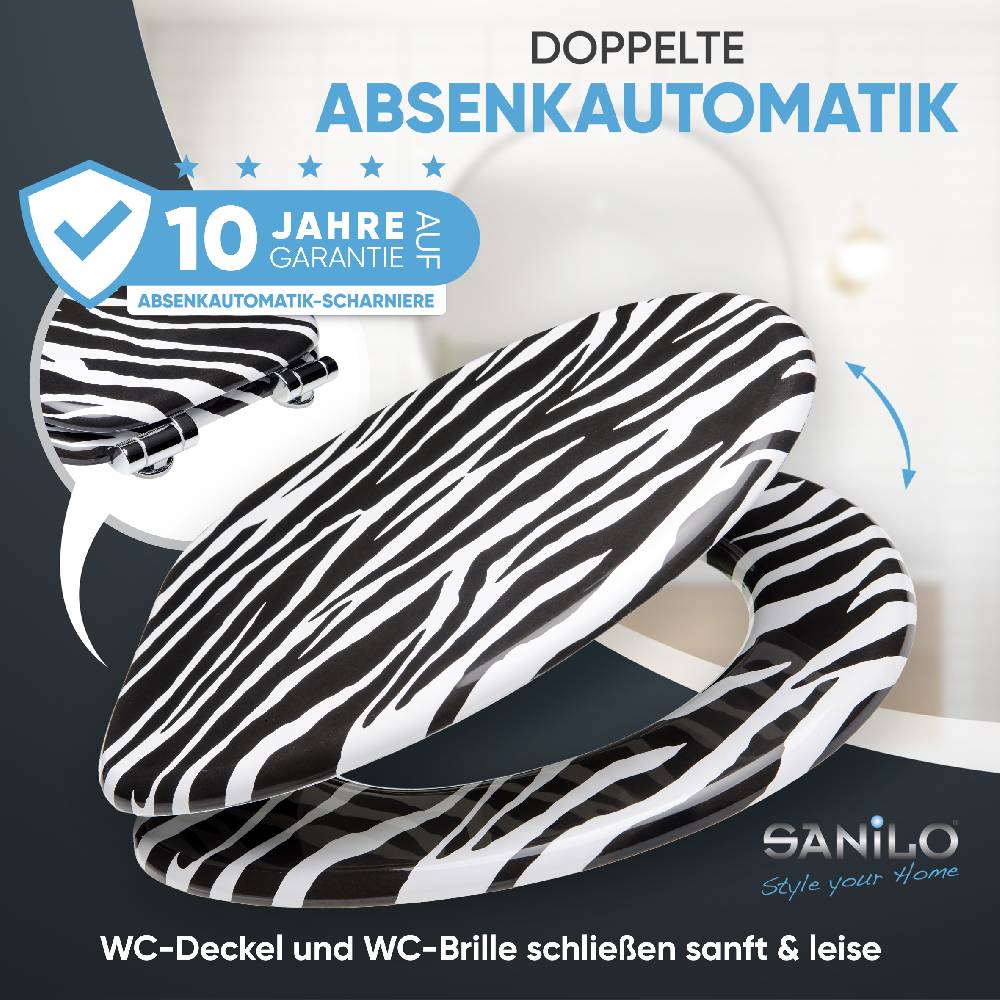 Sanilo WC-Sitz mit Absenkautomatik Zebra Look - Premium Toilettendeckel direkt vom Hersteller Auslauf