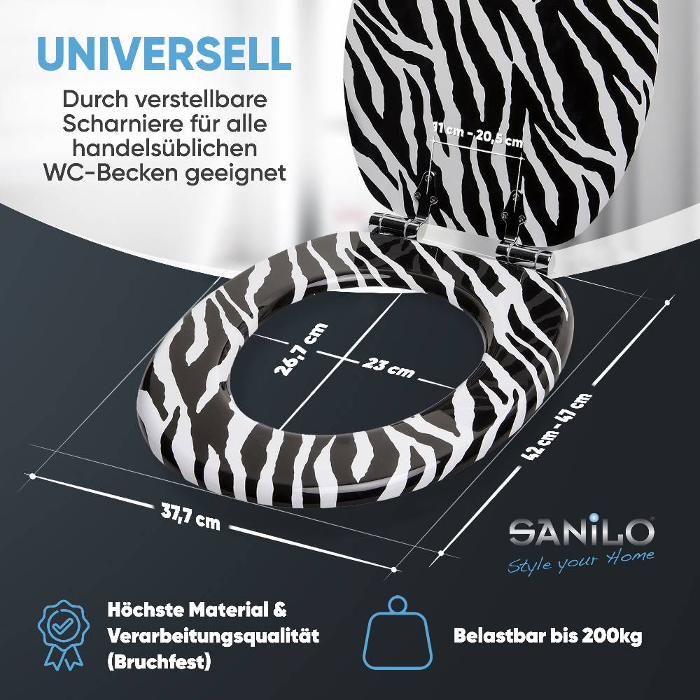 Sanilo WC-Sitz mit Absenkautomatik Zebra Look - Premium Toilettendeckel direkt vom Hersteller Auslauf
