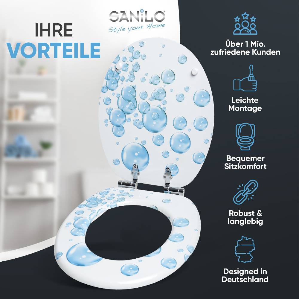 Sanilo WC-Sitz mit Absenkautomatik Wasserblasen - Premium Toilettendeckel direkt vom Hersteller